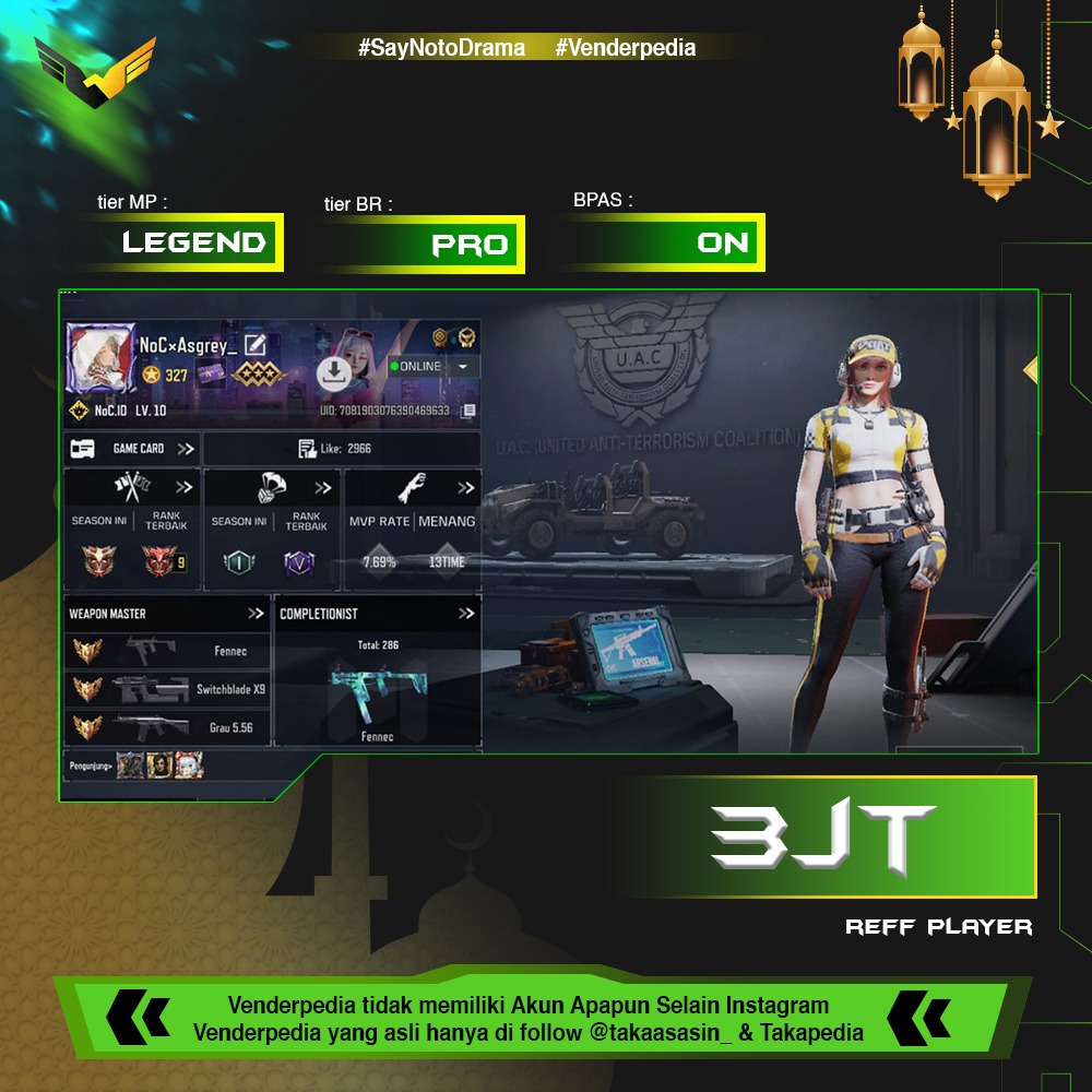 Tier BR:pro Level Akun:327 Skin Mythic:5 max otw 3