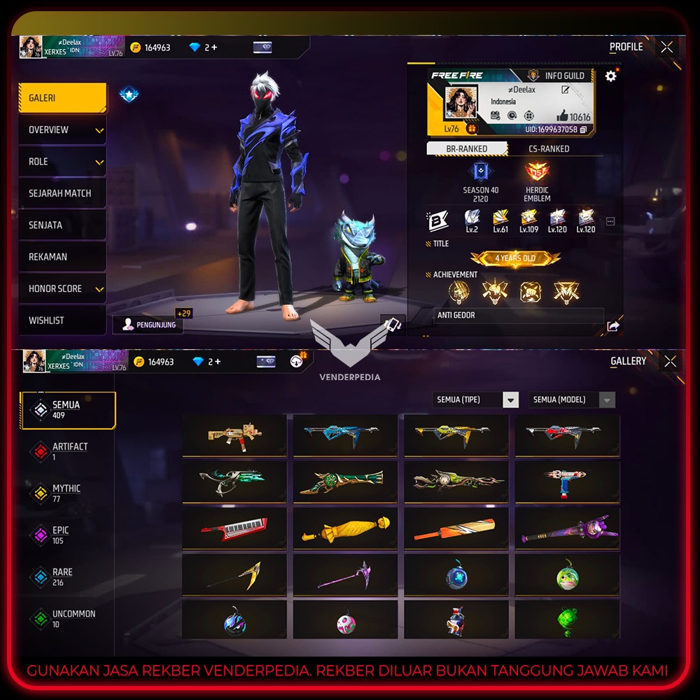 Judul Akun:Akun Gg Vault G perlu ditanya skin SG 4 Skin Senjata:409