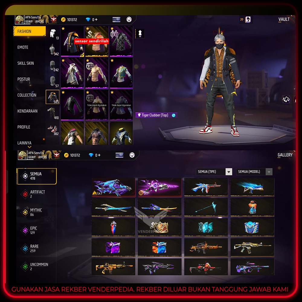 Judul Akun: free Fire  Skin Senjata:480 Vault:587