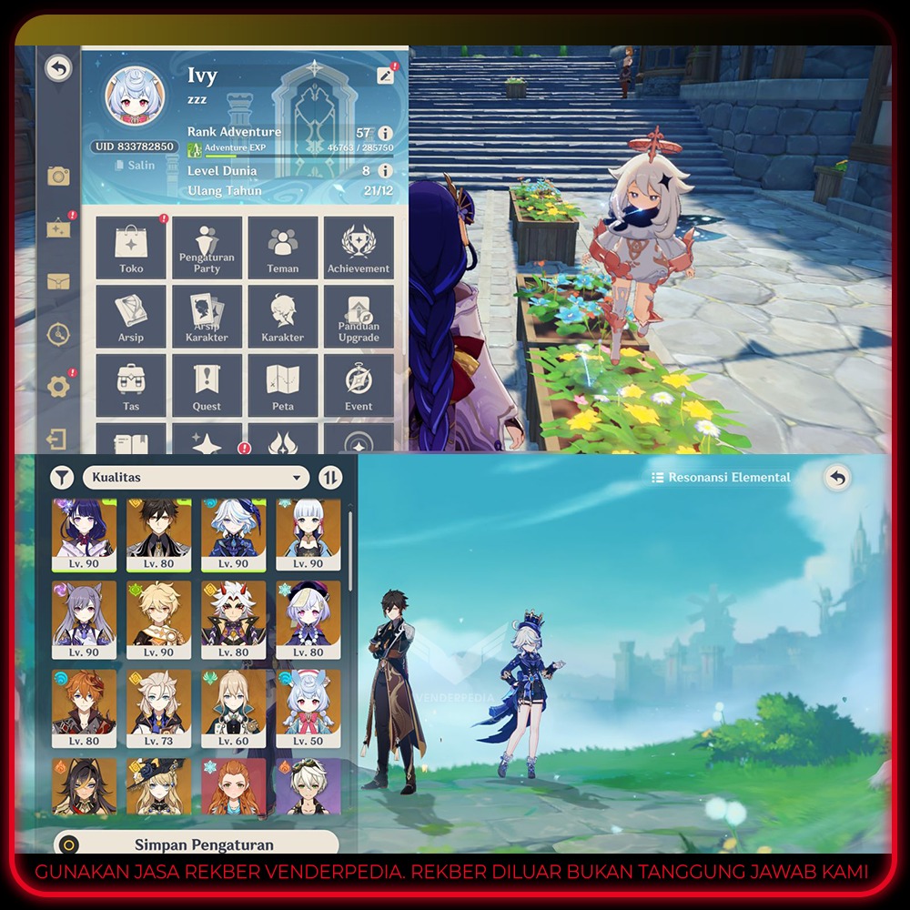 Level Karakter: 90 Explore: Mondo 90% liyue 80%  inazuma 60% fontaine 30% sumeru 35% Primogems: 8