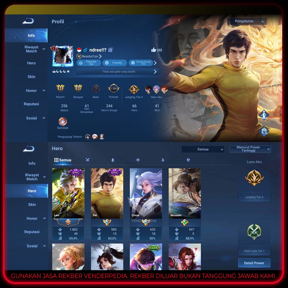 Judul Akun: akun jungler  Rank: master 3 Level: 77